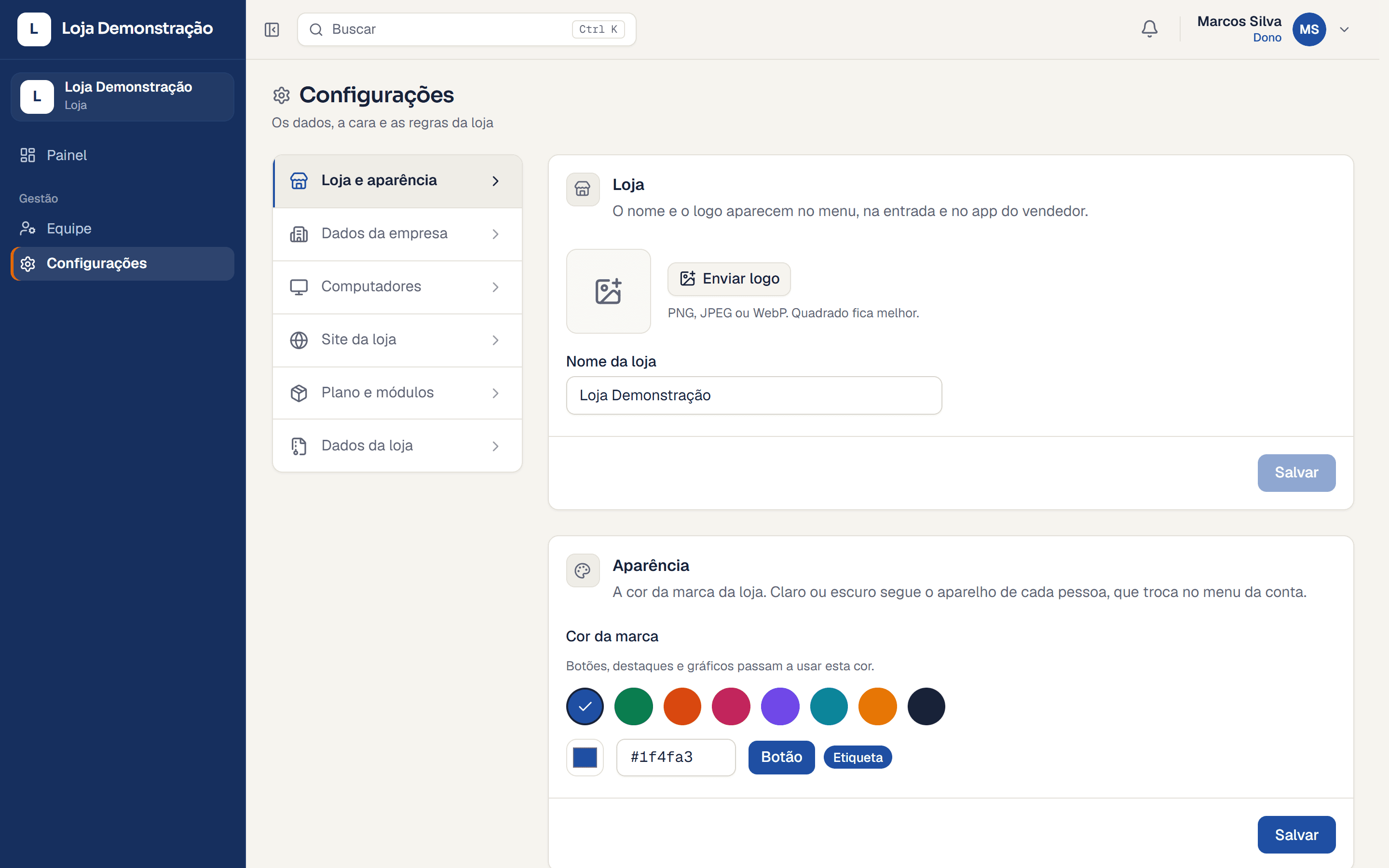 Configurações da loja: logo, nome e cor da marca que aparecem no sistema.
